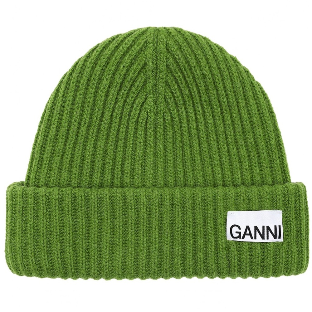 Ganni Green Ribbed Knit Hat with Folded Brim